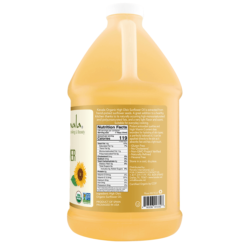 Kevala, Aceite Comestible de Girasol, Orgánico, Medio Galón, 1.89 Litros